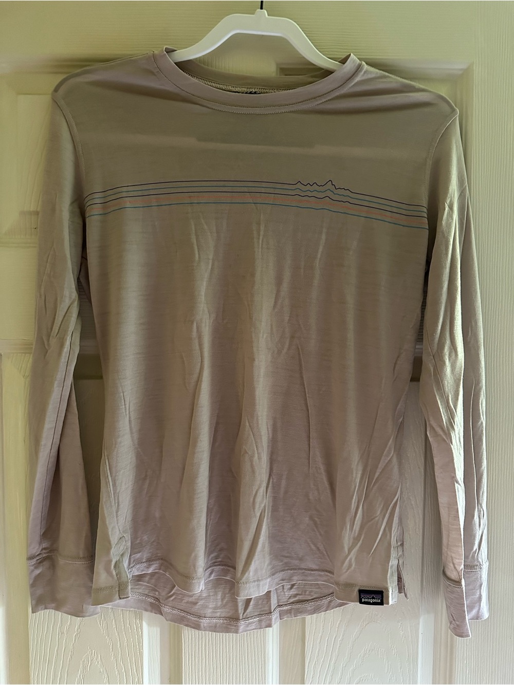 Patagonia Women’s Long-Sleeve Crewneck Shirt in Light Taupe with Subtle Stripe